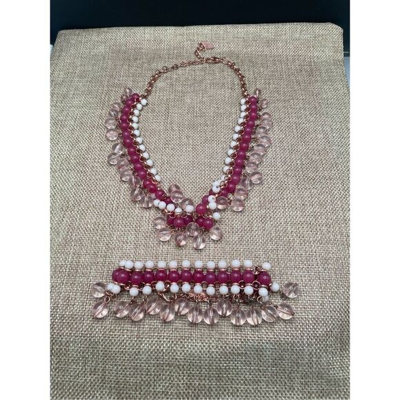 Coldwater Creek Fringe Necklace & Bracelet Set  Pink White Clear Acrylic Adjusta - Picture 3 of 8